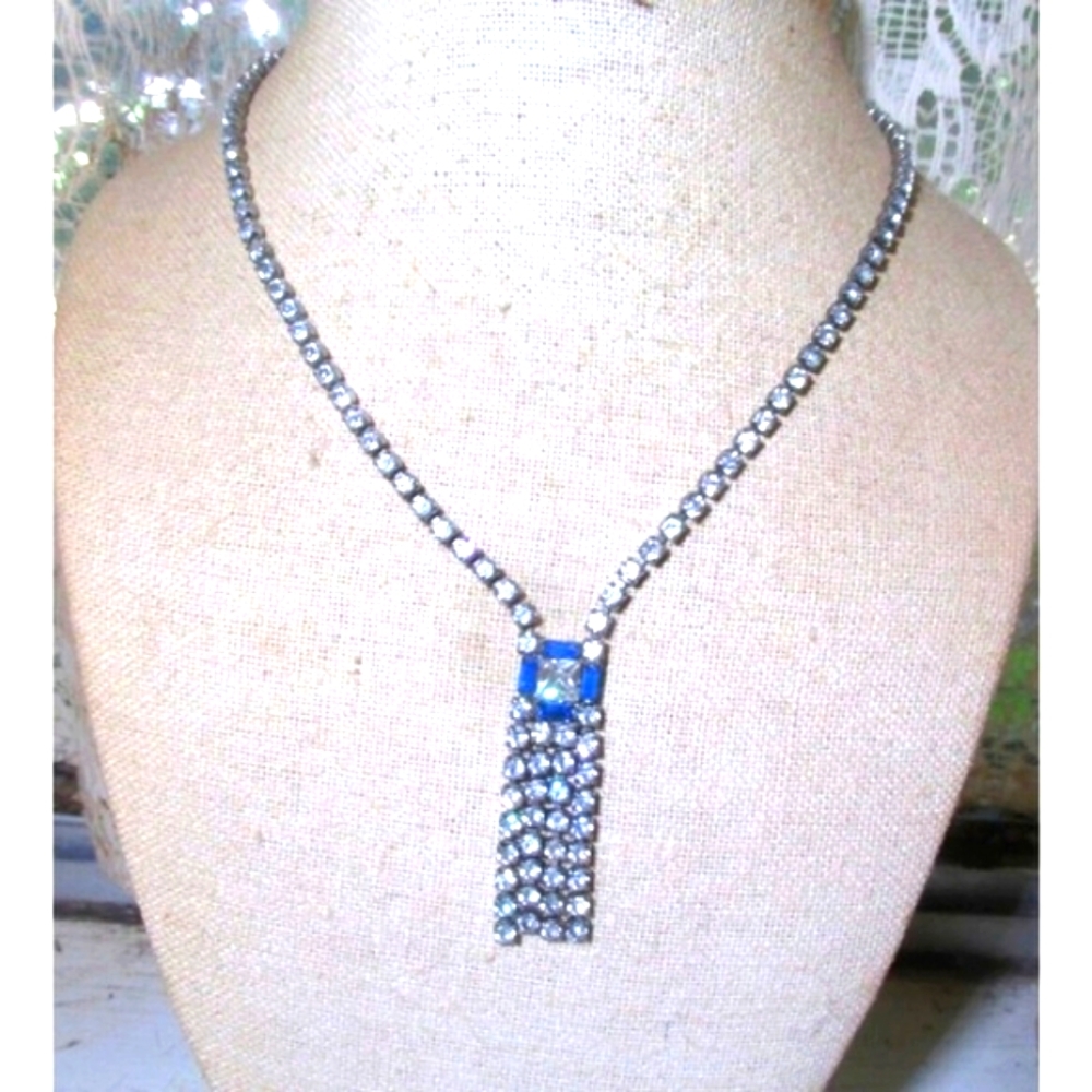 Vintage Prong Set White Blue Rhinestone Pendant Drop Choker Silver Necklace
